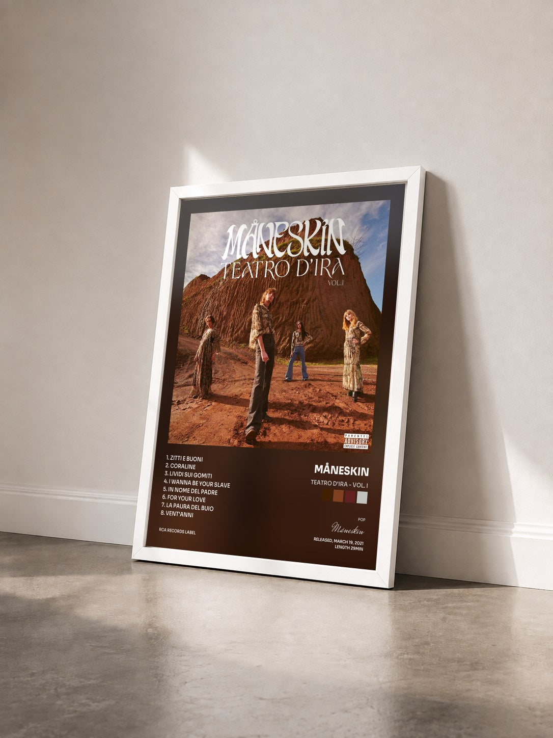 #blanc Teatro d'ira - Vol. I by Måneskin as a framed art print seen at an angle, white frame