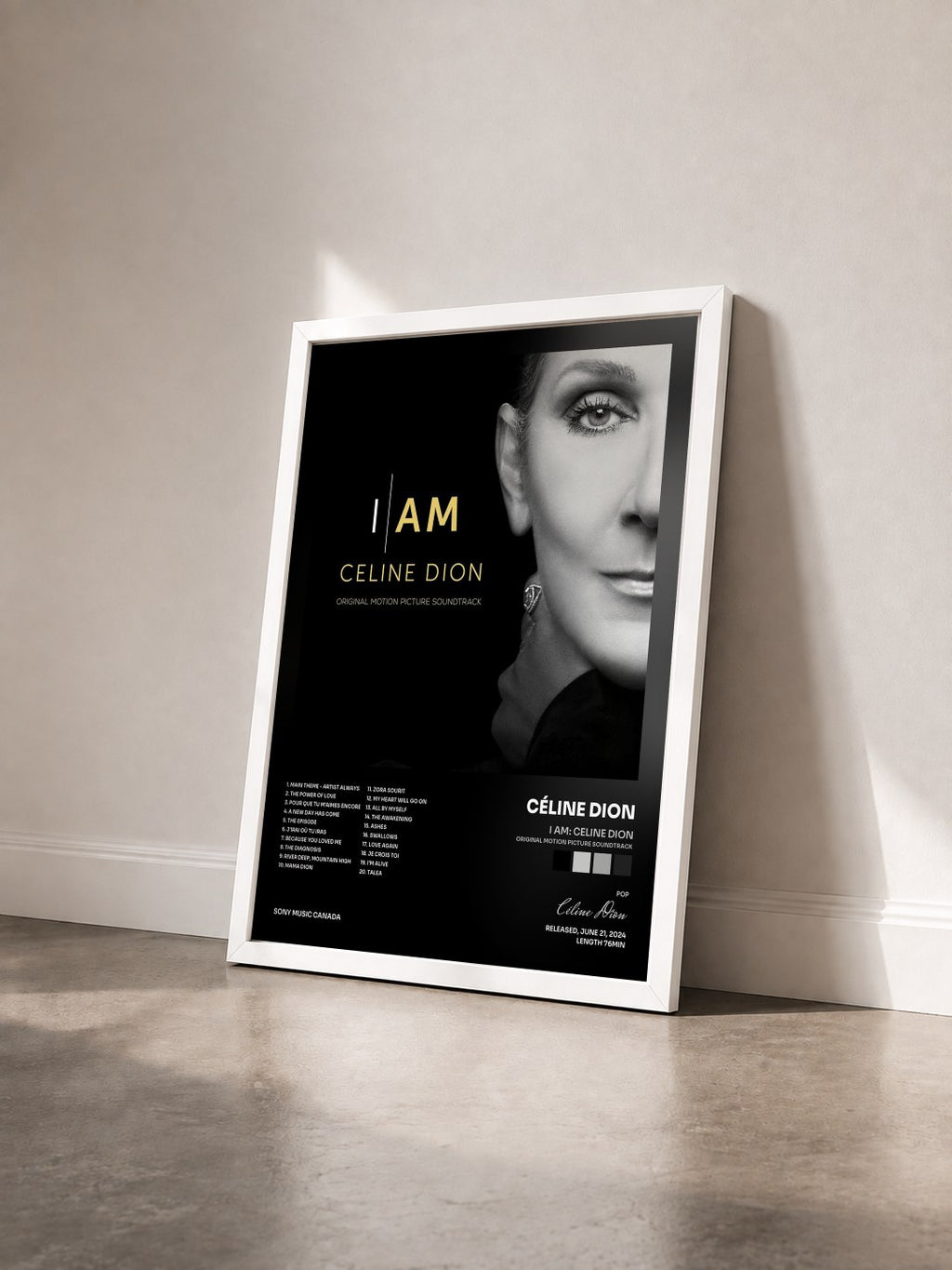 #blanc Tableau de l'album I AM: CELINE DION (Original Motion Picture Soundtrack) de Céline Dion vu de trois quarts, cadre blanc