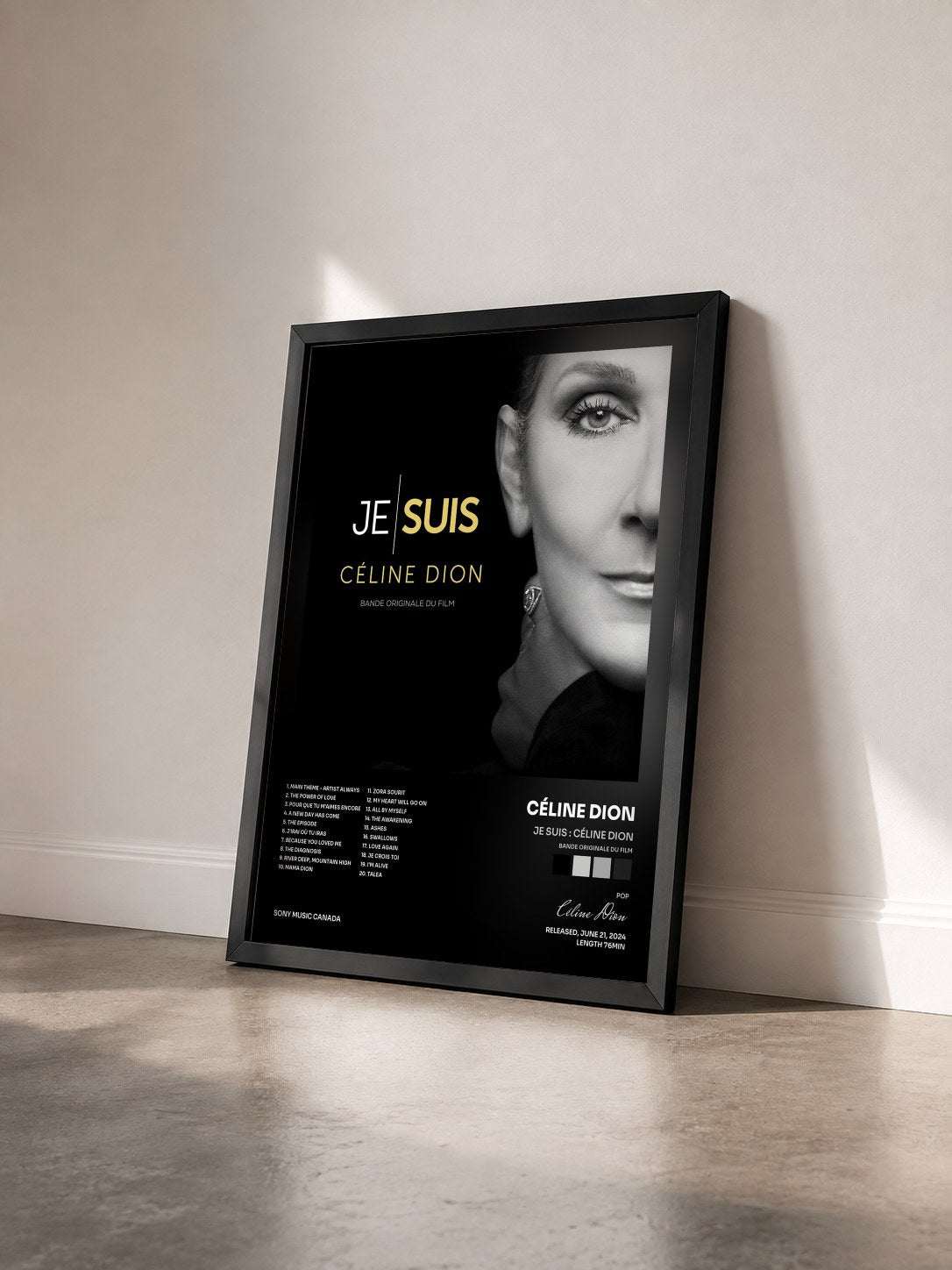 #noir Tableau de l'album JE SUIS : CÉLINE DION (Bande originale du film) de Céline Dion vu de trois quarts, cadre noir
