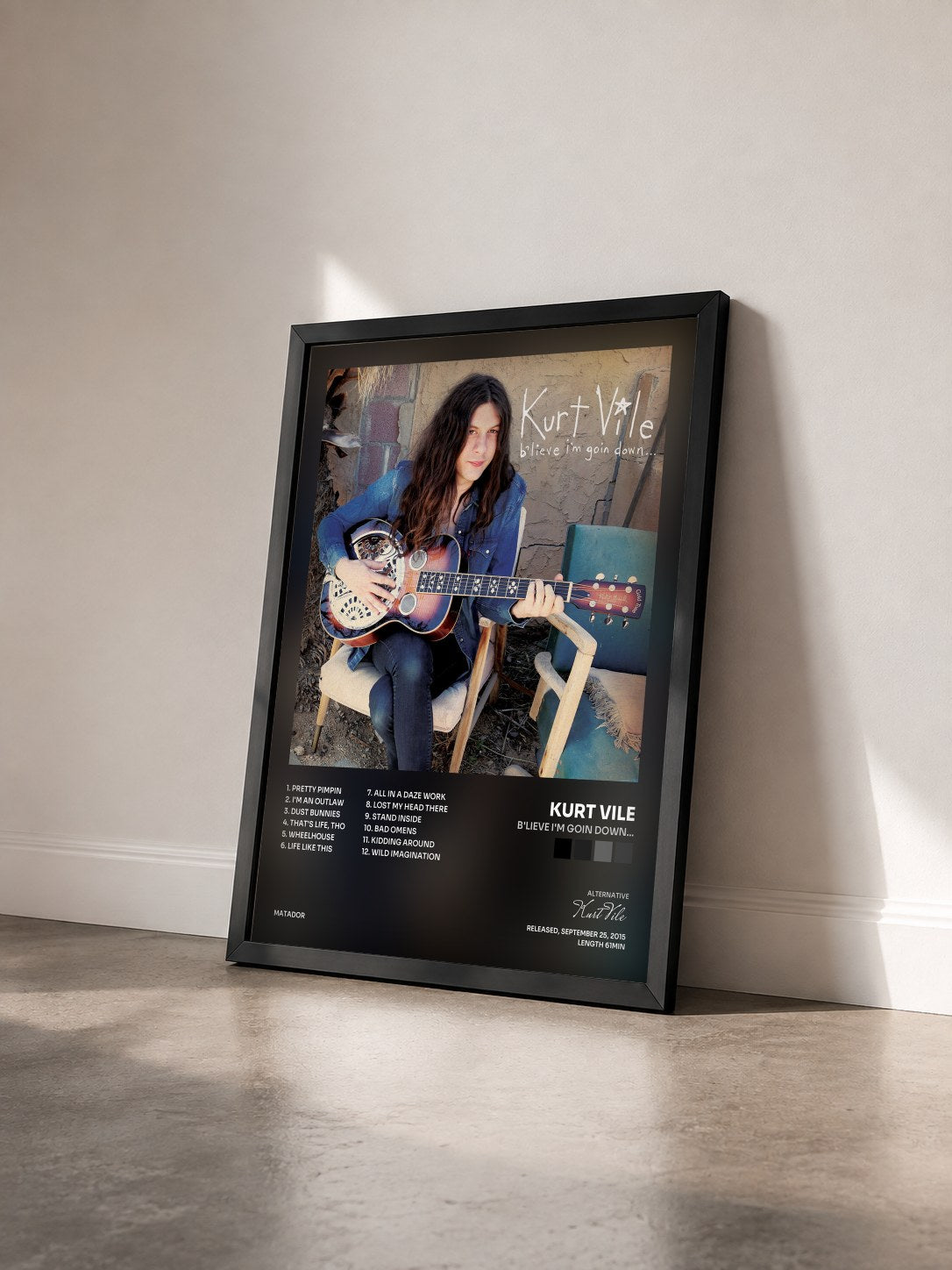 #noir Tableau de l'album b'lieve i'm goin down... de Kurt Vile vu de trois quarts, cadre noir