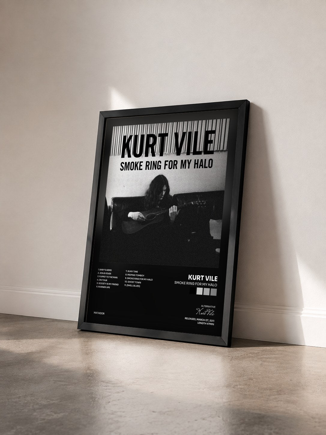 #noir Smoke Ring For My Halo de Kurt Vile en lámina enmarcada vista de tres cuartos, marco negro