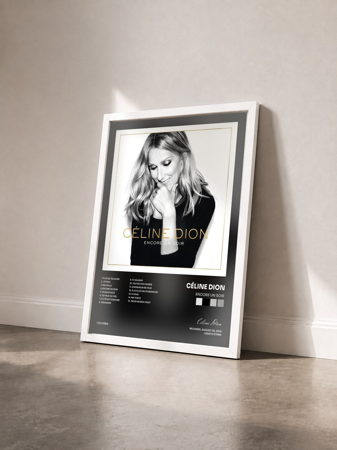 #blanc Tableau de l'album Encore un soir de Céline Dion vu de trois quarts, cadre blanc