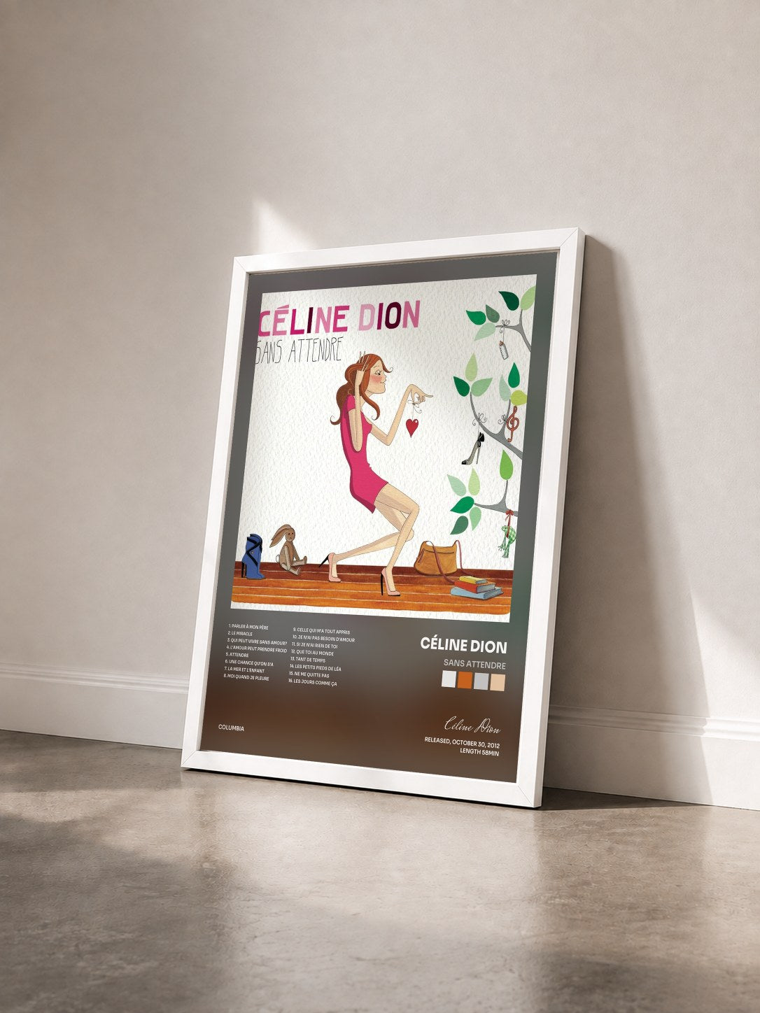 #blanc Tableau de l'album Sans attendre de Céline Dion vu de trois quarts, cadre blanc