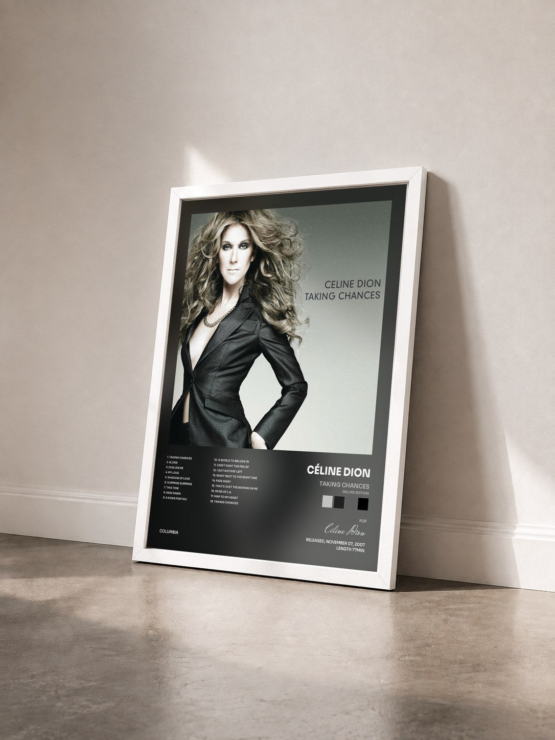 #blanc Tableau de l'album Taking Chances (Deluxe Edition) de Céline Dion vu de trois quarts, cadre blanc