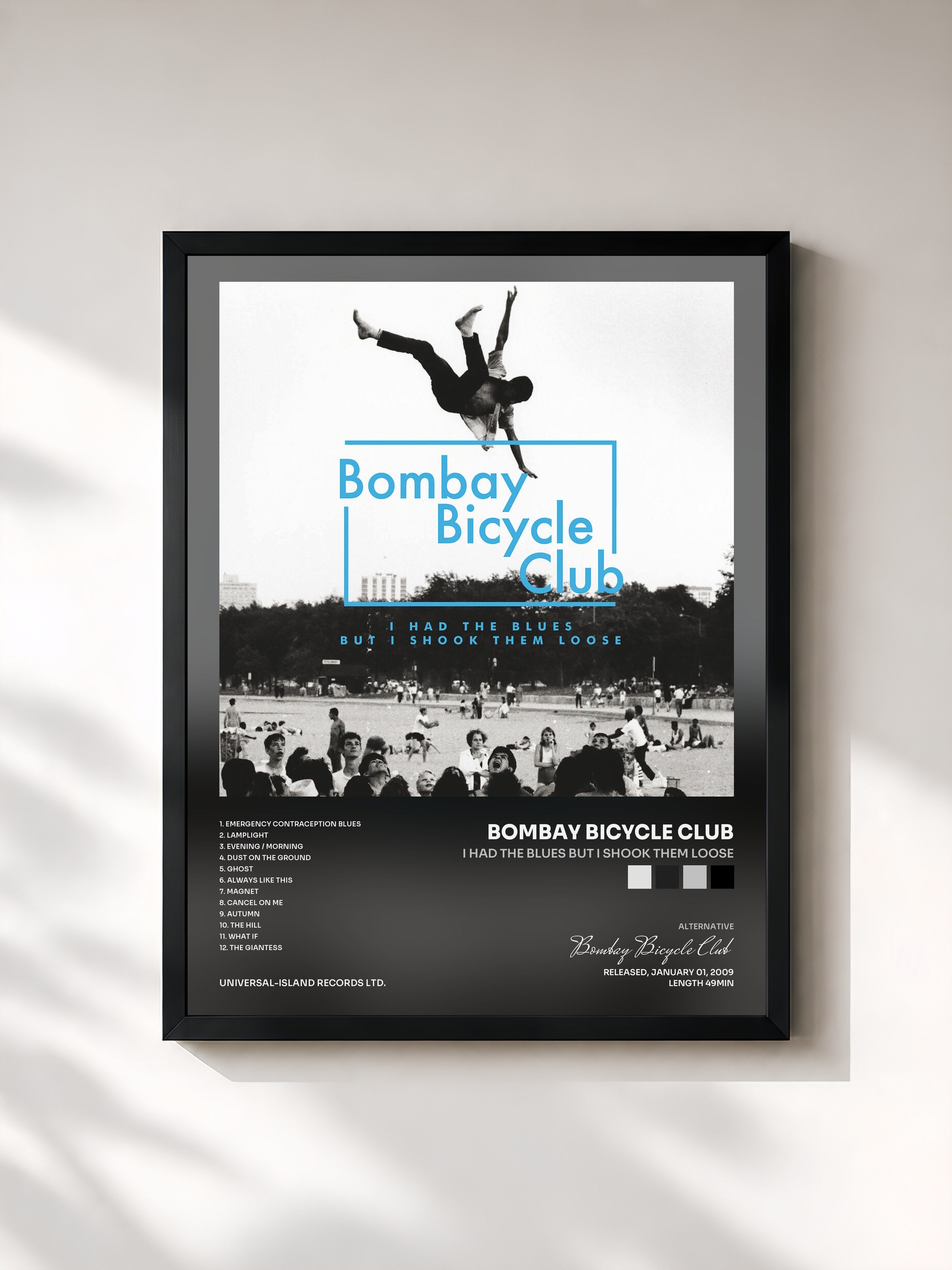 #noir Tableau de l'album I Had The Blues But I Shook Them Loose de Bombay Bicycle Club, cadre noir, imprimé et encadré en France
