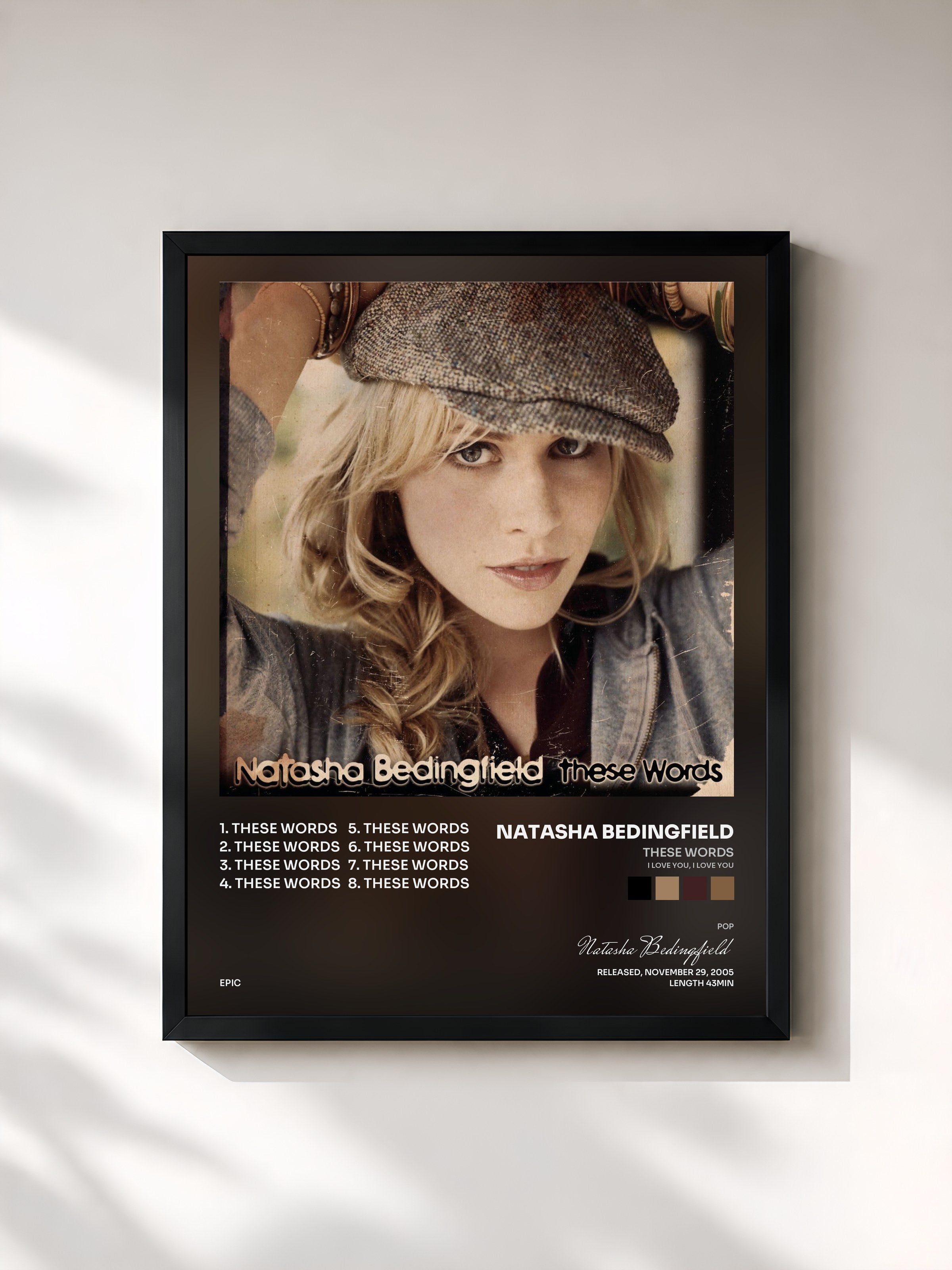 #noir Tableau de l'album These Words (I Love You, I Love You) de Natasha Bedingfield, cadre noir, imprimé et encadré en France