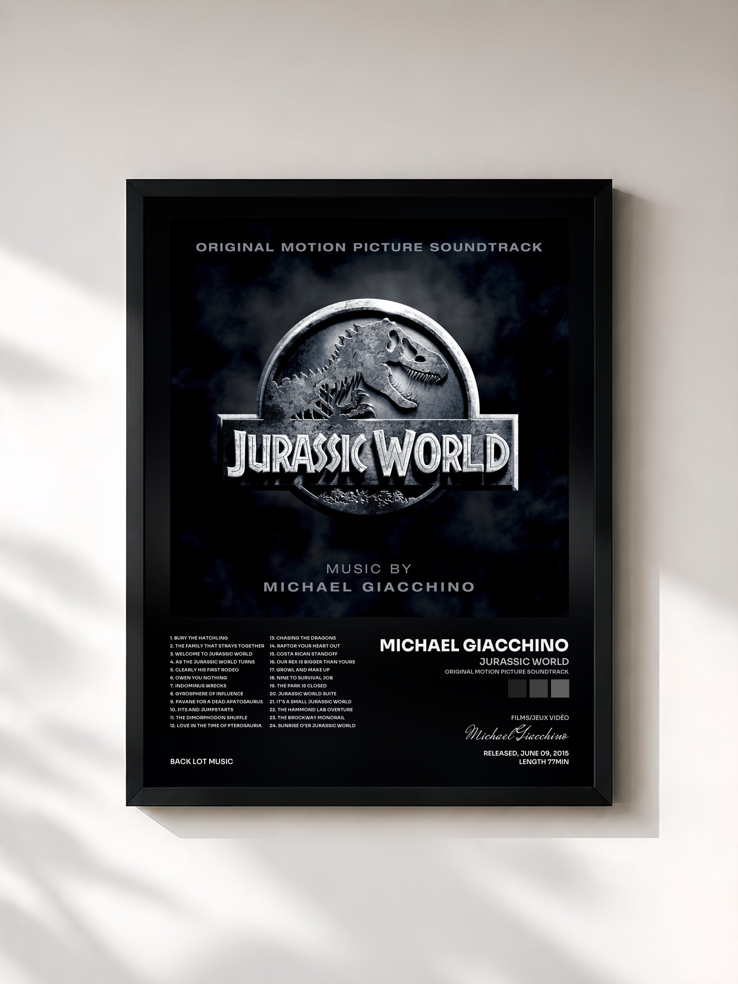 #noir Tableau de l'album Jurassic World (Original Motion Picture Soundtrack) de Michael Giacchino, cadre noir, imprimé et encadré en France