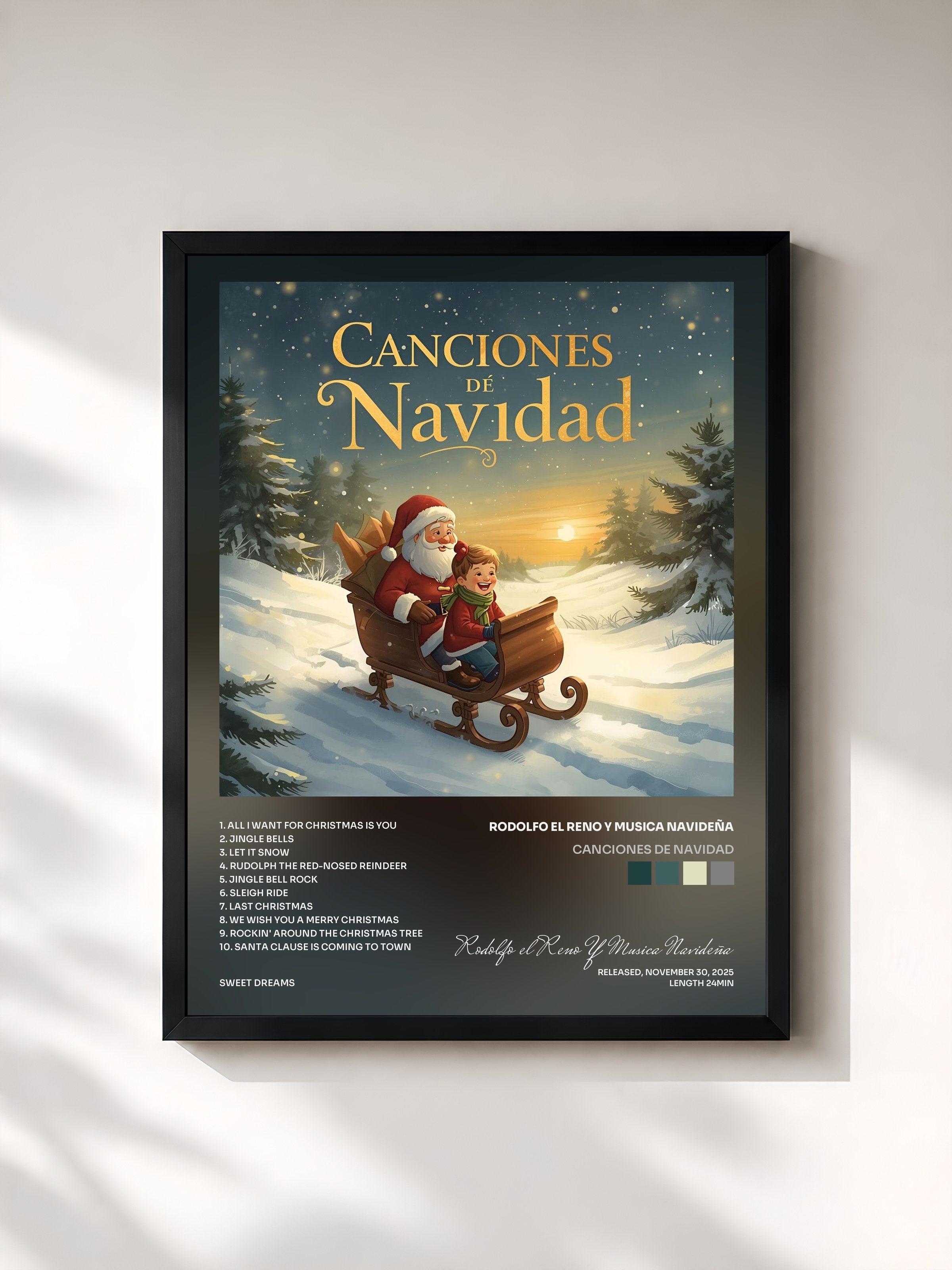 #noir Tableau de l'album Canciones De Navidad de Rodolfo el Reno Y Musica Navideña, cadre noir, imprimé et encadré en France