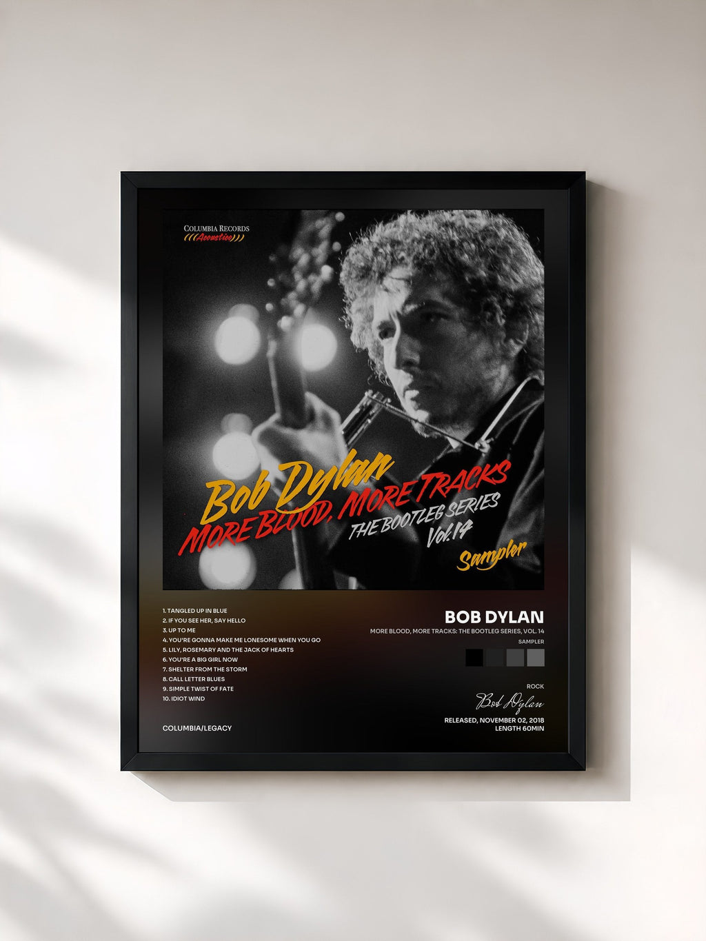 #noir More Blood, More Tracks: The Bootleg Series, Vol. 14 (Sampler) by Bob Dylan as a framed art print, black frame, printed and framed in France