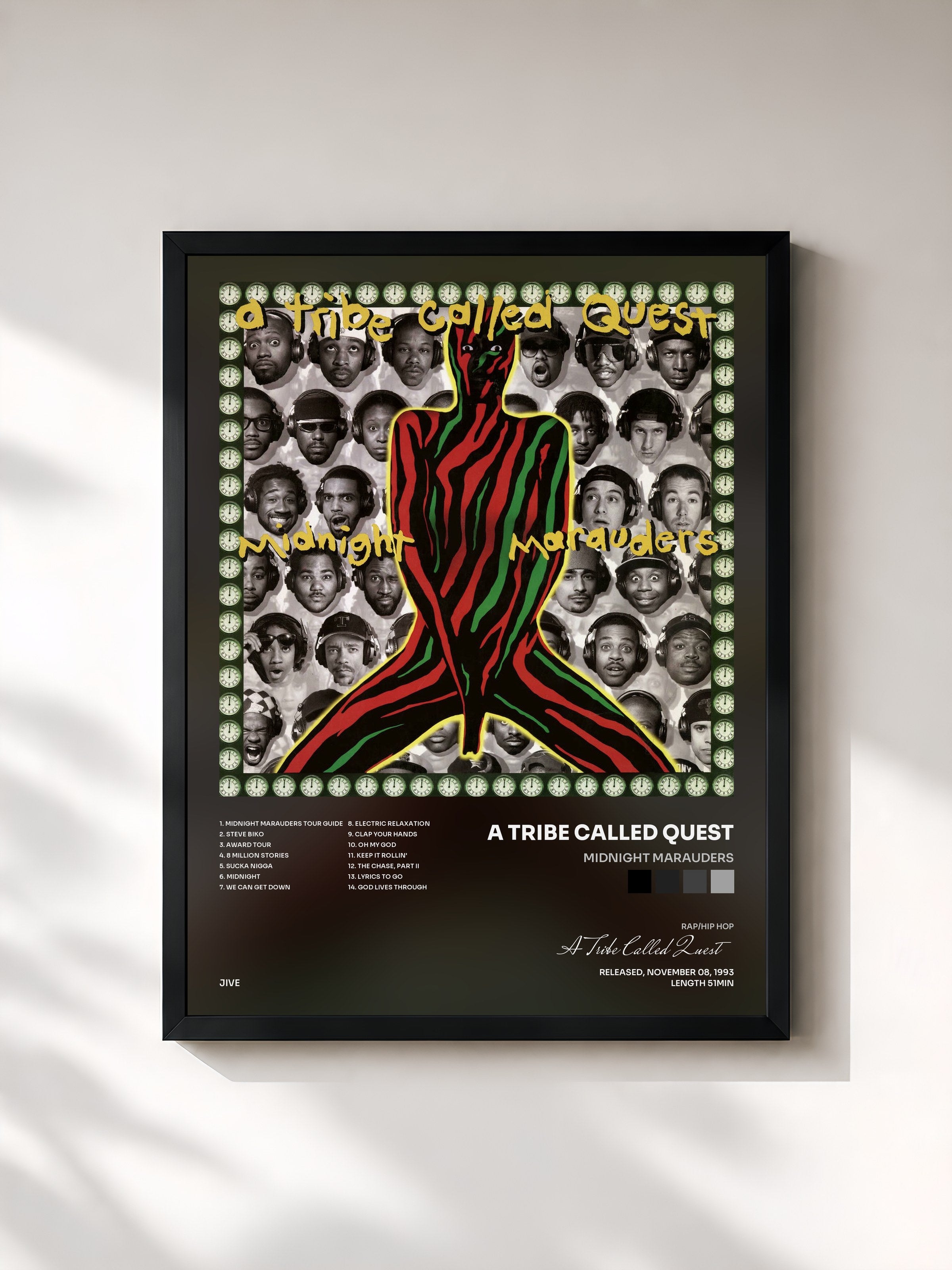 #noir Tableau de l'album Midnight Marauders de A Tribe Called Quest, cadre noir, imprimé et encadré en France