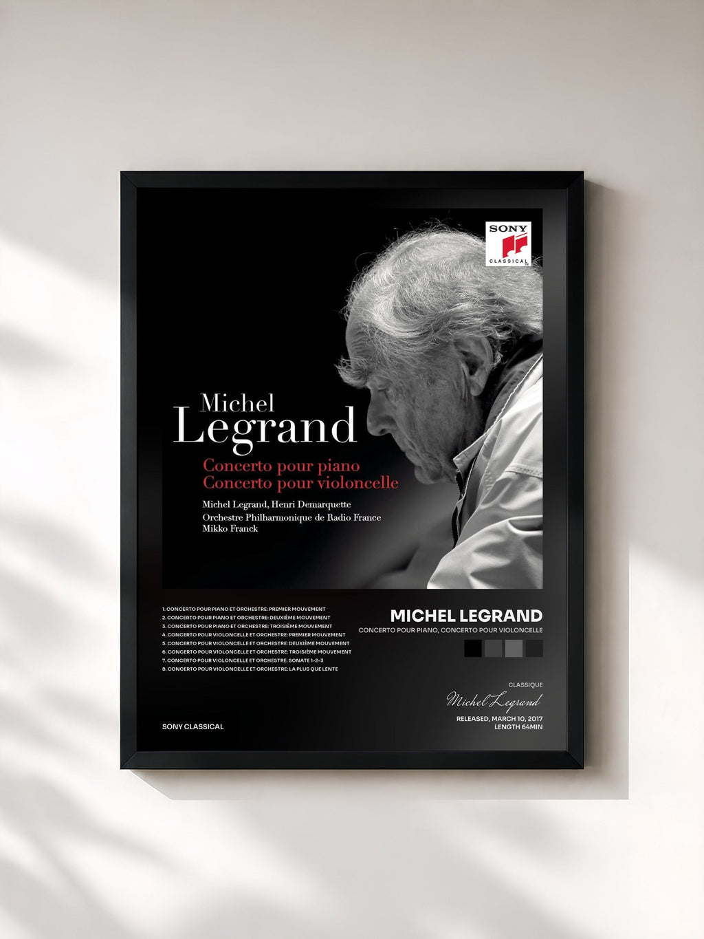#noir Concerto pour piano, Concerto pour violoncelle de Michel Legrand en lámina enmarcada, marco negro, impresa y enmarcada en Francia