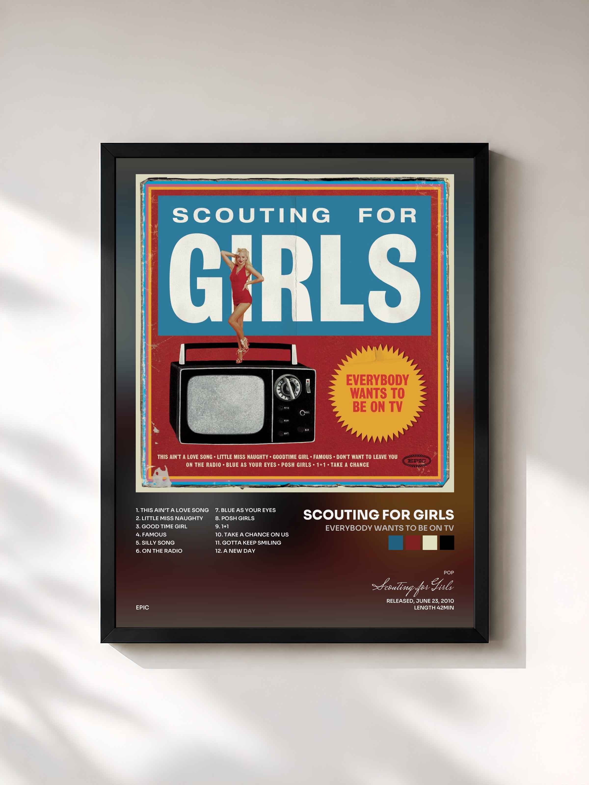 #noir Tableau de l'album Everybody Wants To Be On TV de Scouting for Girls, cadre noir, imprimé et encadré en France