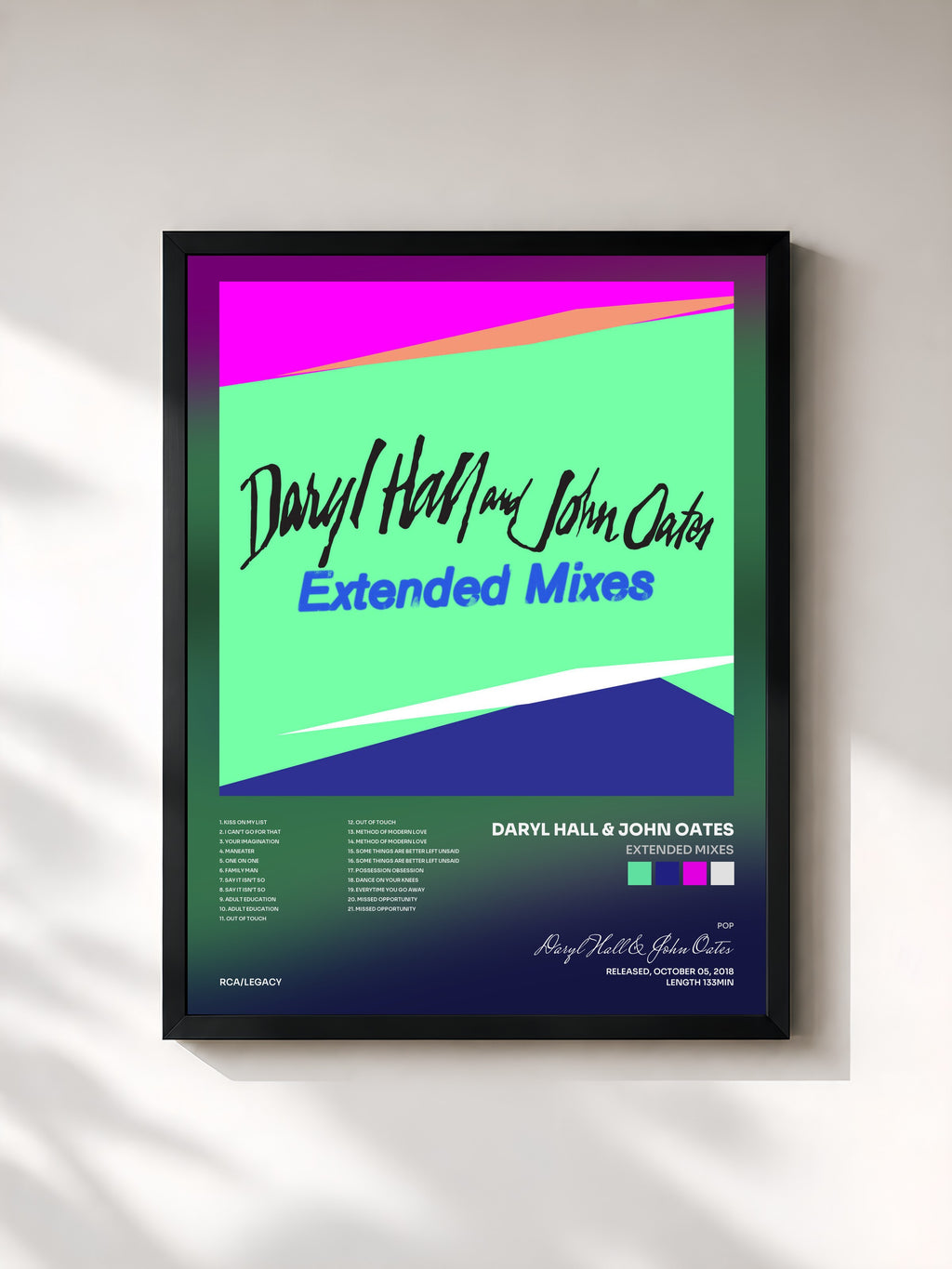 #noir Tableau de l'album Extended Mixes de Daryl Hall & John Oates, cadre noir, imprimé et encadré en France