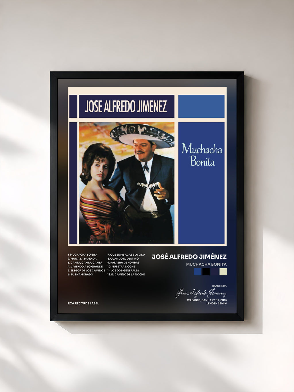 #noir Tableau de l'album Muchacha Bonita de José Alfredo Jiménez, cadre noir, imprimé et encadré en France