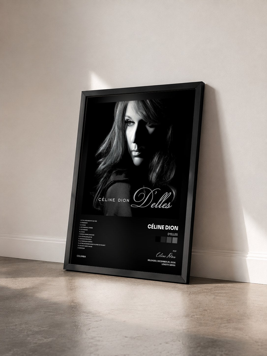 #noir Tableau de l'album D'elles de Céline Dion vu de trois quarts, cadre noir