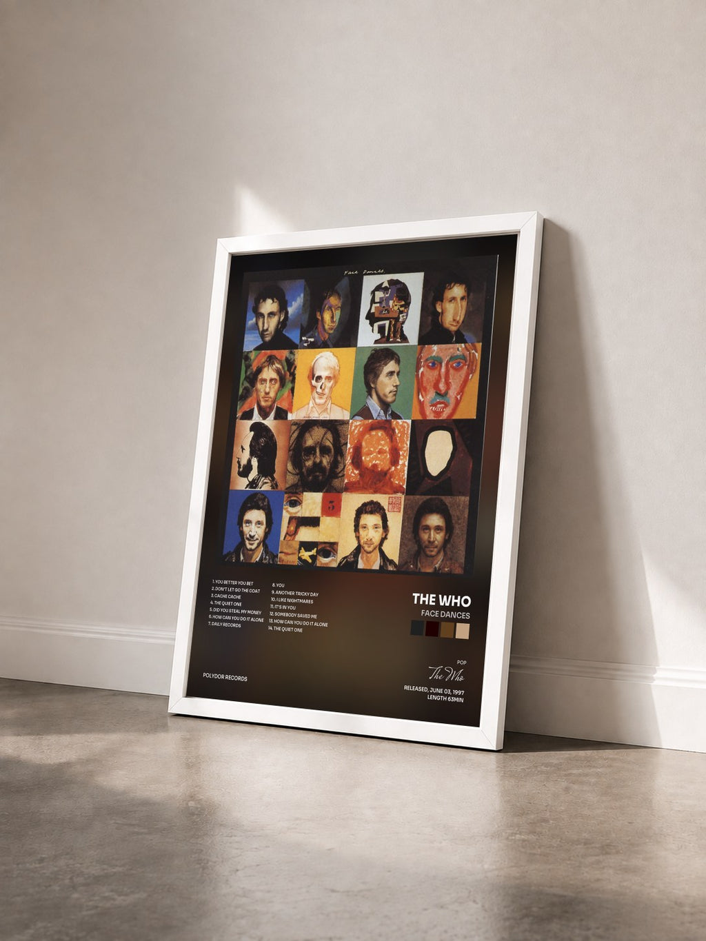 #blanc Face Dances by The Who as a framed art print seen at an angle, white frame