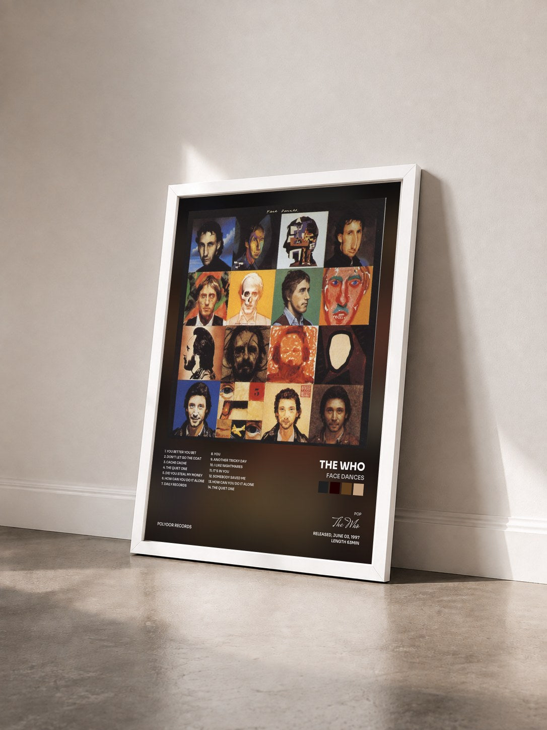 #blanc Tableau de l'album Face Dances de The Who vu de trois quarts, cadre blanc