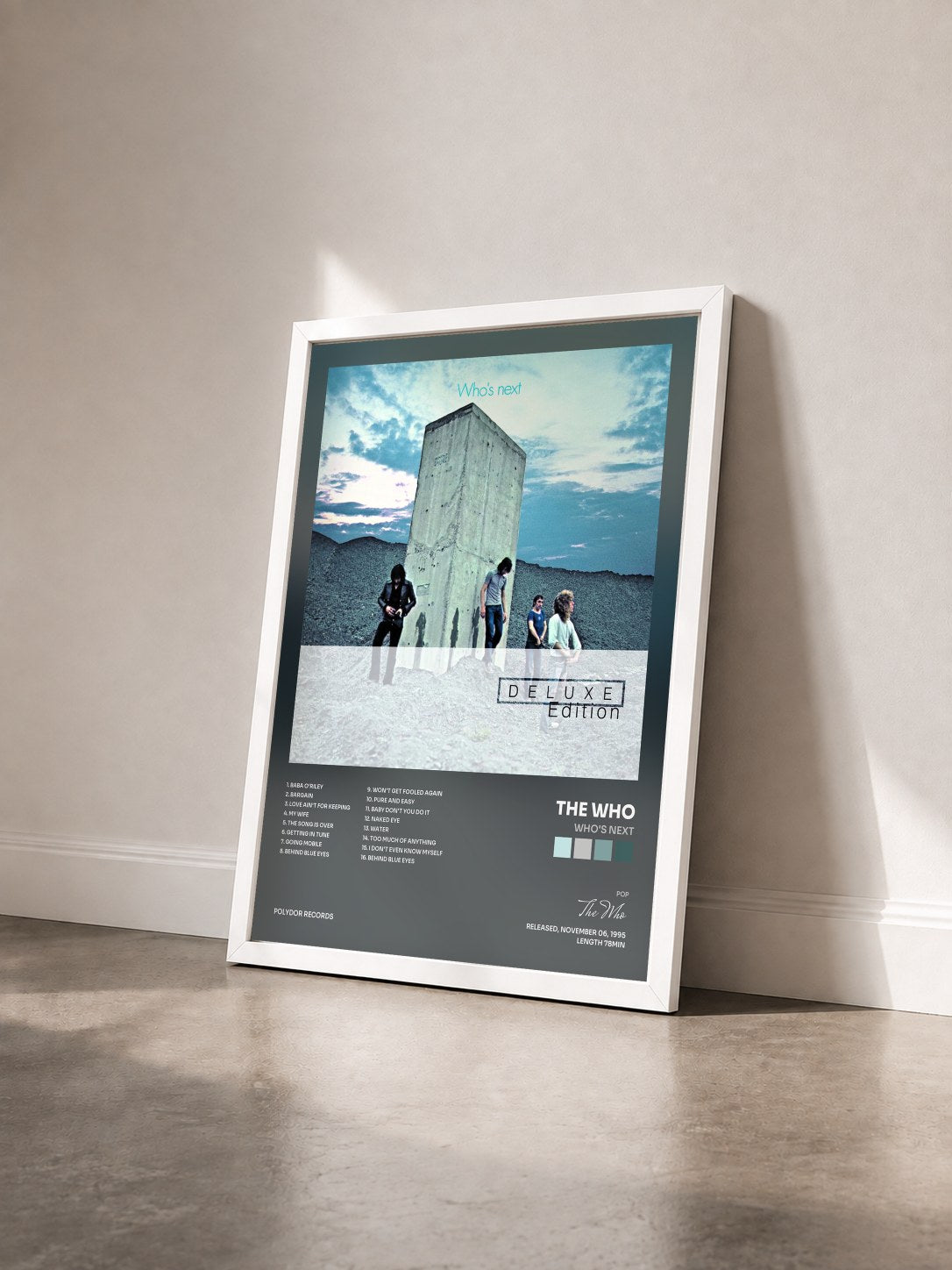 #blanc Tableau de l'album Who's Next de The Who vu de trois quarts, cadre blanc