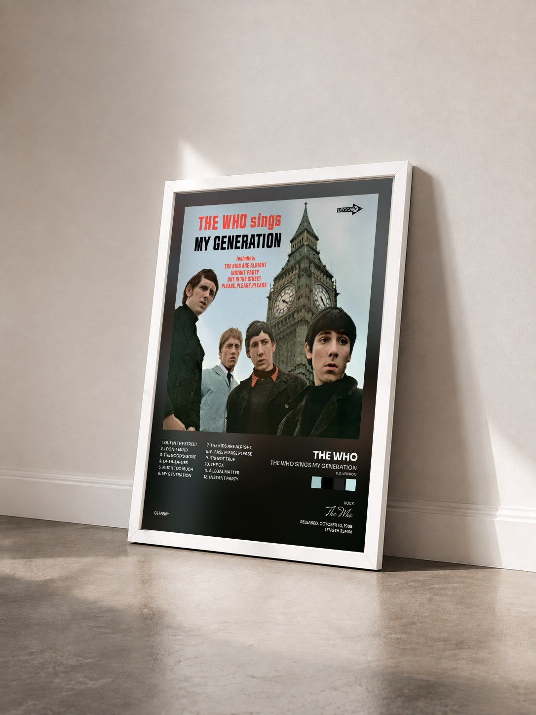 #blanc Tableau de l'album The Who Sings My Generation (U.S. Version) de The Who vu de trois quarts, cadre blanc