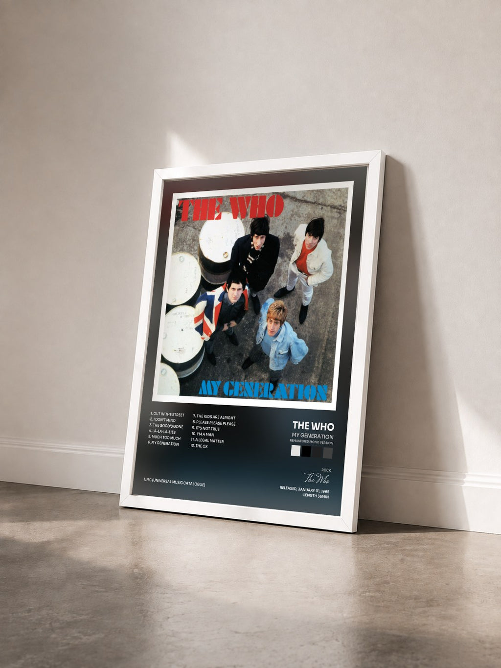 #blanc Tableau de l'album My Generation (Remastered Mono Version) de The Who vu de trois quarts, cadre blanc