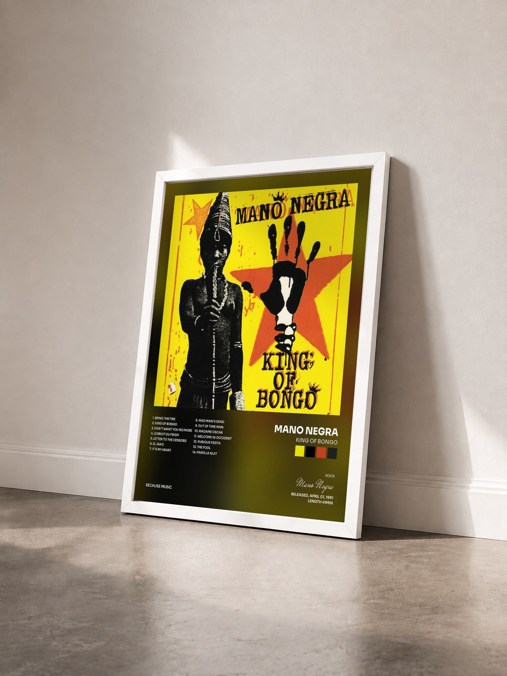 #blanc King Of Bongo by Mano Negra as a framed art print seen at an angle, white frame