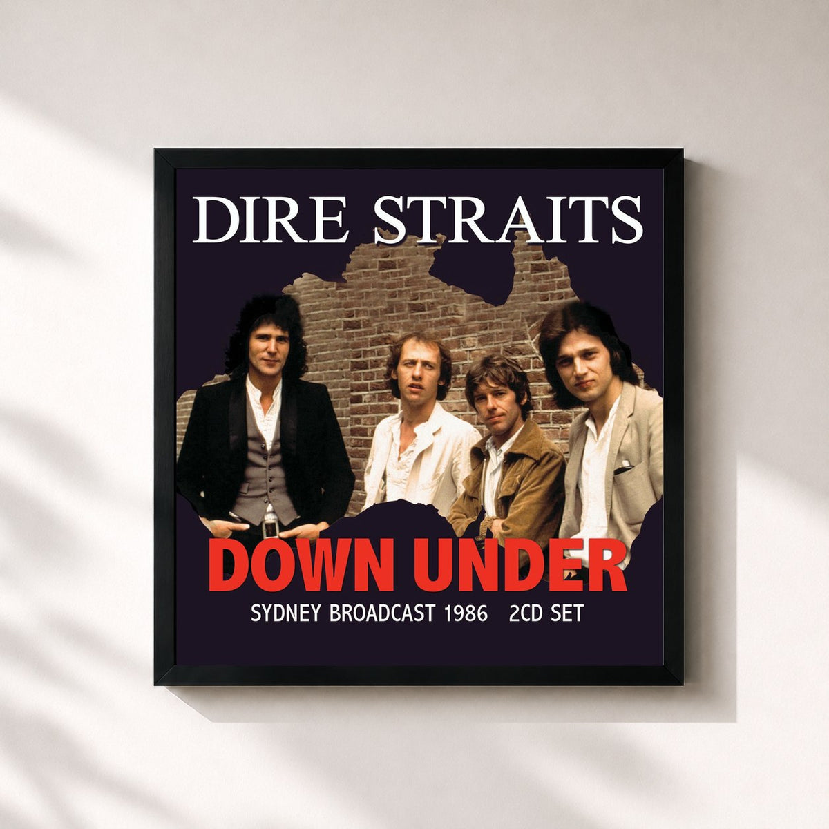 #noir Down Under de Dire Straits en lámina cuadrada enmarcada, marco negro de 32x32 cm