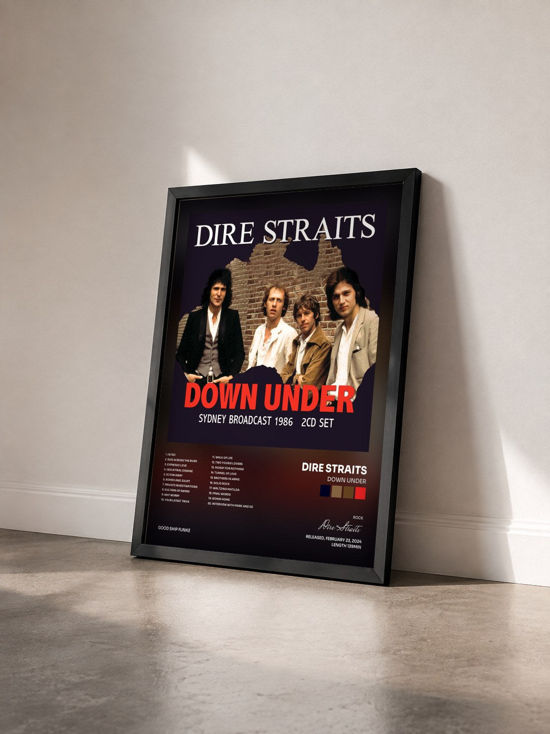 #noir Down Under de Dire Straits en lámina enmarcada vista de tres cuartos, marco negro