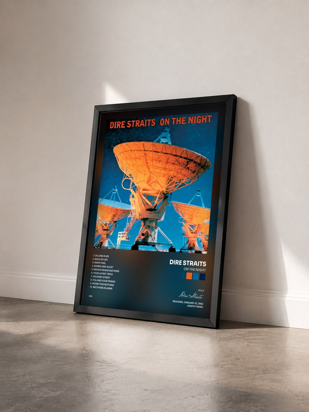 #noir On The Night von Dire Straits als gerahmter Kunstdruck von schräg gesehen, schwarzer Rahmen