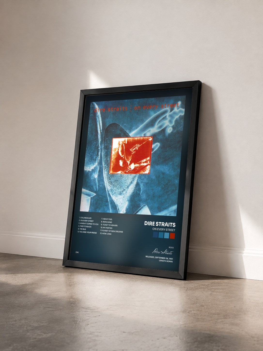#noir On Every Street by Dire Straits as a framed art print seen at an angle, black frame