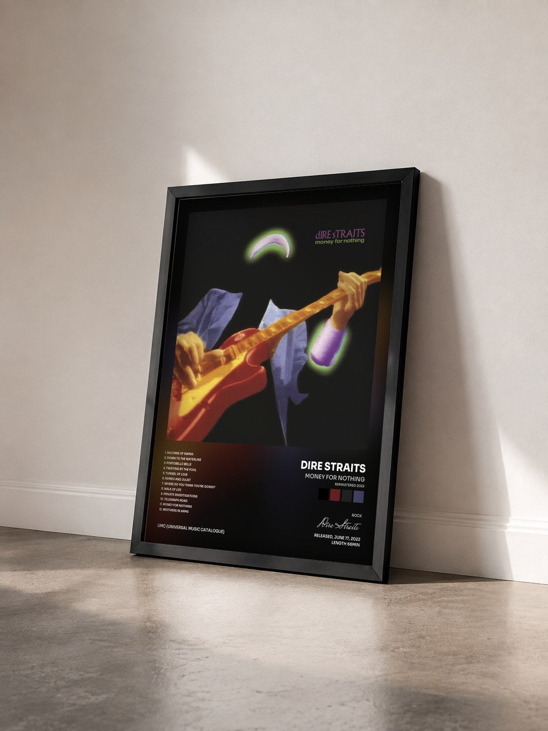 #noir Money For Nothing (Remastered 2022) de Dire Straits en lámina enmarcada vista de tres cuartos, marco negro