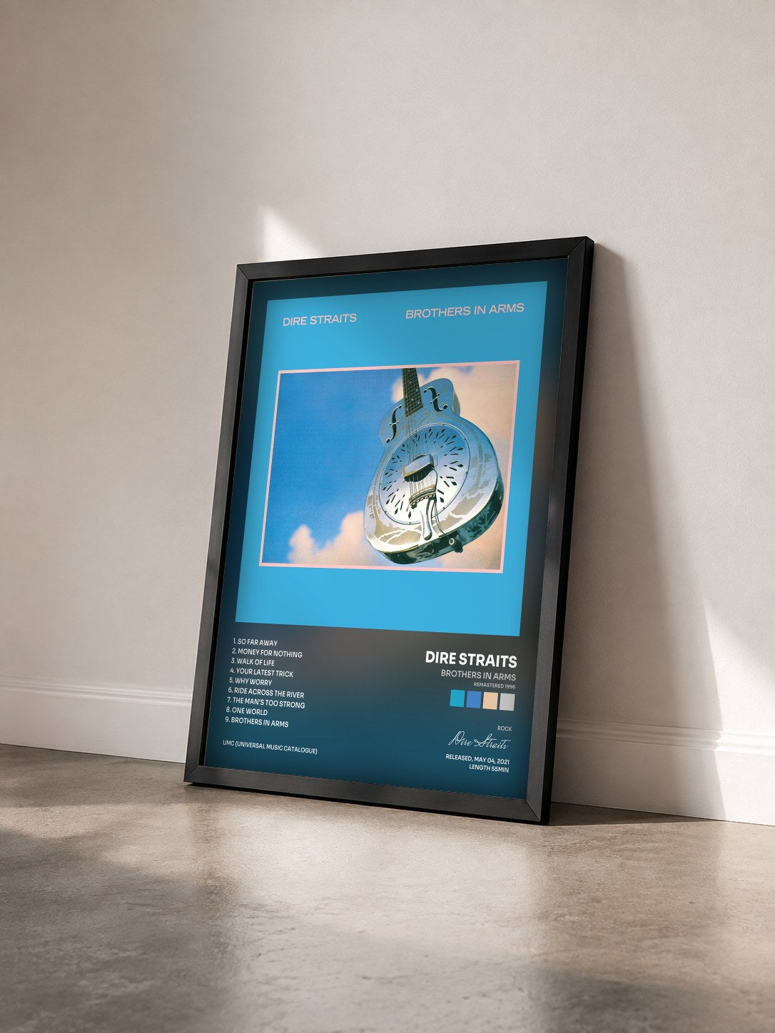 #noir Brothers In Arms (Remastered 1996) by Dire Straits as a framed art print seen at an angle, black frame