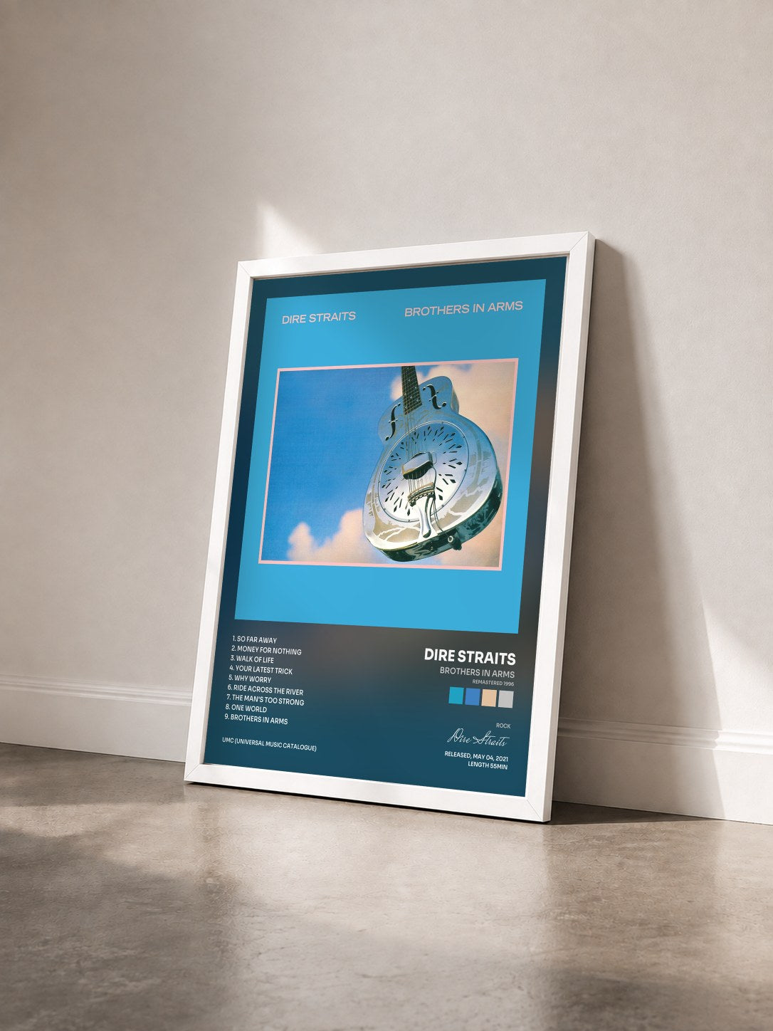 #blanc Brothers In Arms (Remastered 1996) by Dire Straits as a framed art print seen at an angle, white frame