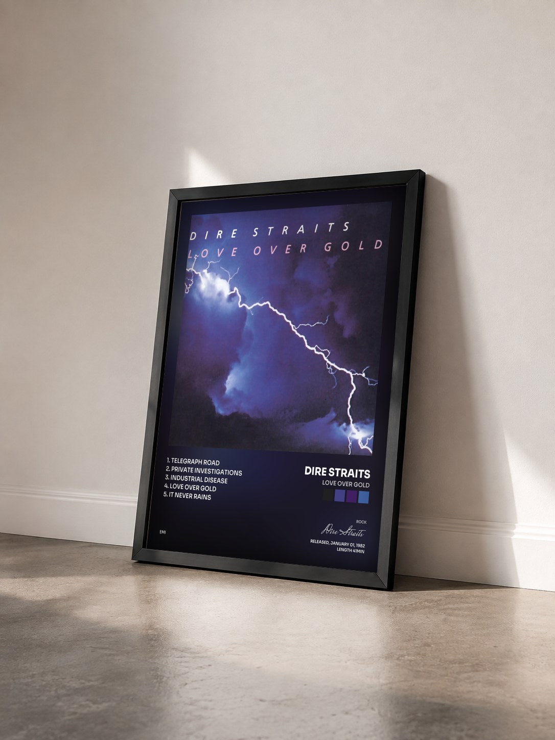 #noir Tableau de l'album Love Over Gold de Dire Straits vu de trois quarts, cadre noir