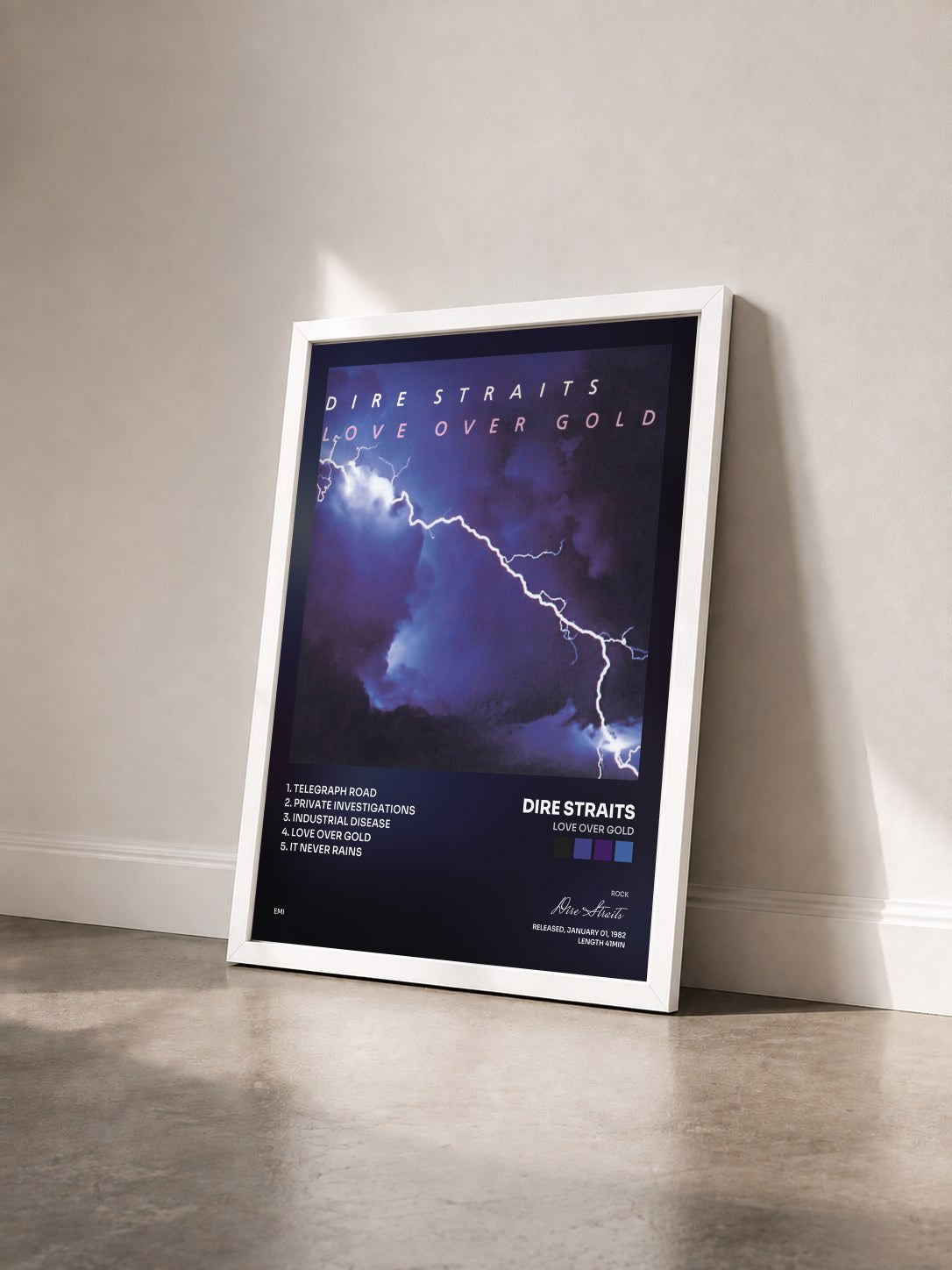 #blanc Tableau de l'album Love Over Gold de Dire Straits vu de trois quarts, cadre blanc