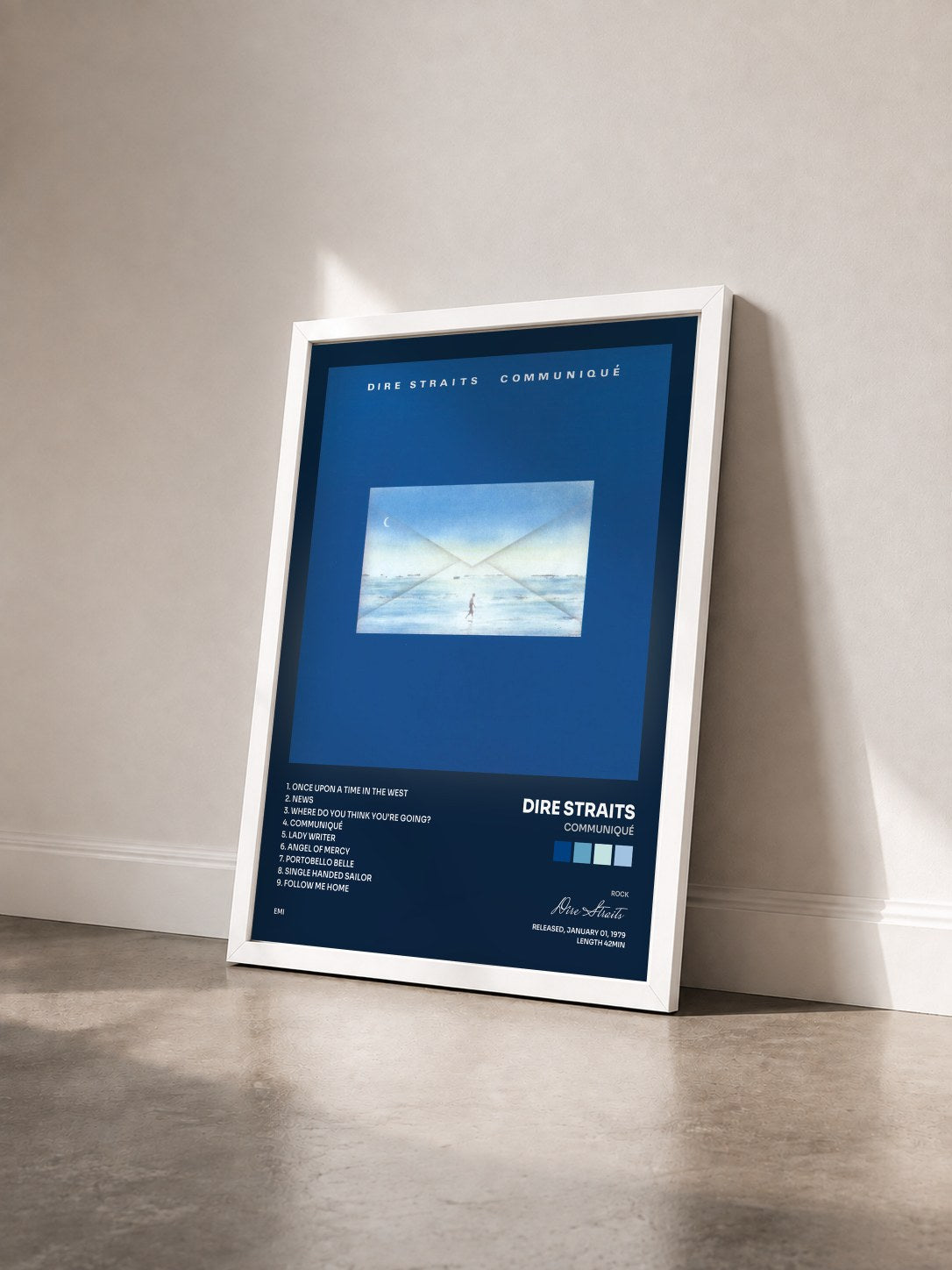 #blanc Tableau de l'album Communiqué de Dire Straits vu de trois quarts, cadre blanc