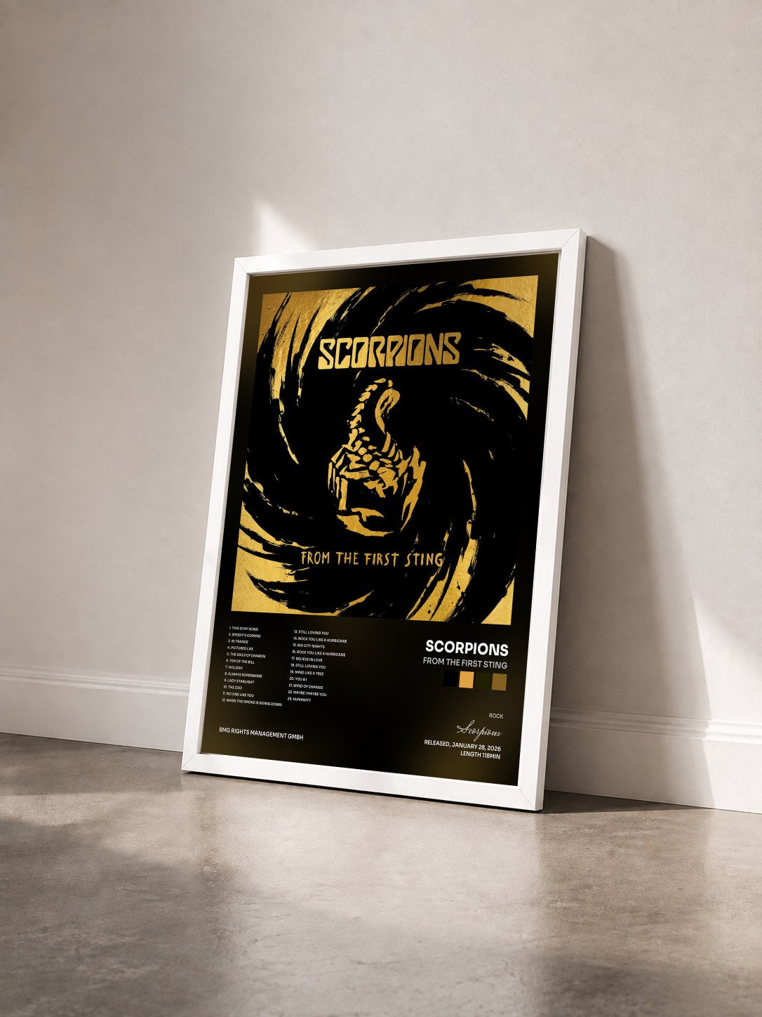 #blanc Tableau de l'album From The First Sting de Scorpions vu de trois quarts, cadre blanc