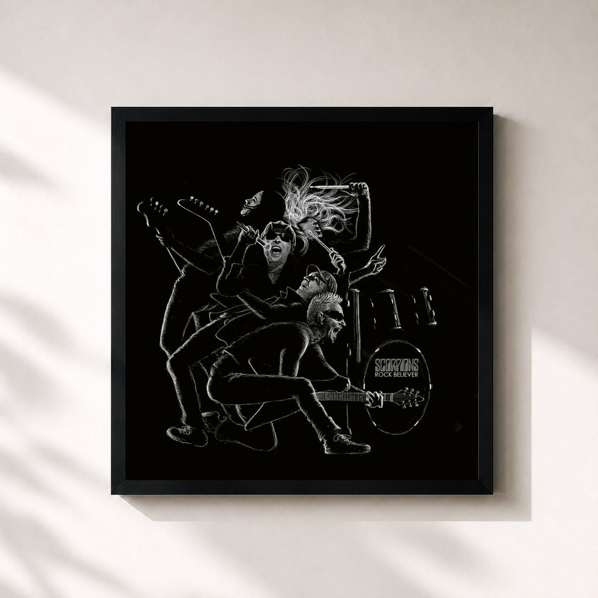 #noir Tableau carré de l'album Rock Believer de Scorpions, cadre noir 32x32 cm