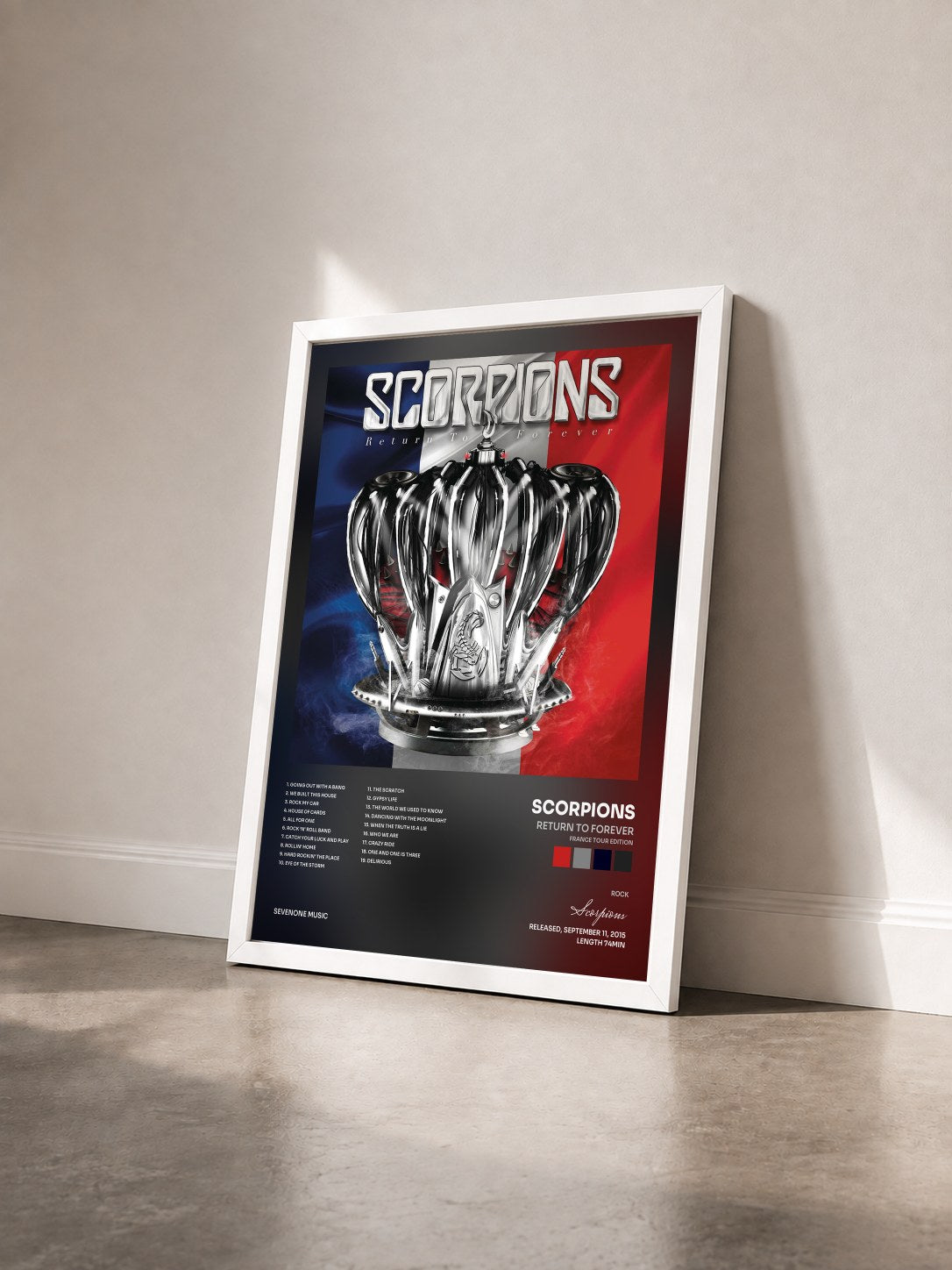 #blanc Tableau de l'album Return to Forever (France Tour Edition) de Scorpions vu de trois quarts, cadre blanc