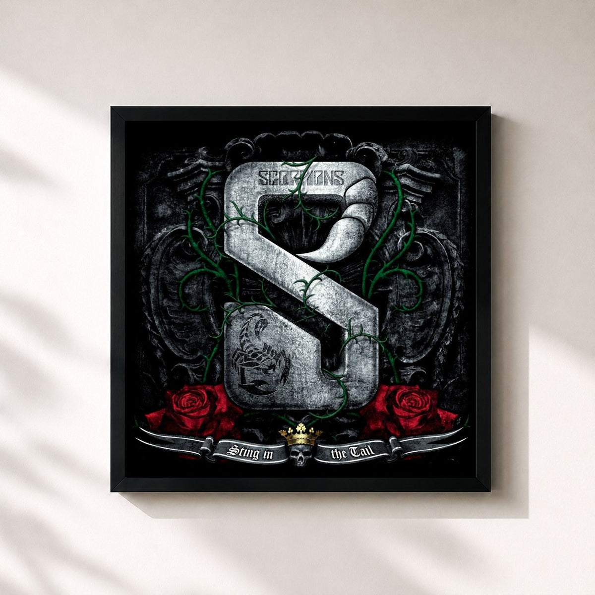 #noir Tableau carré de l'album Sting in the Tail de Scorpions, cadre noir 32x32 cm
