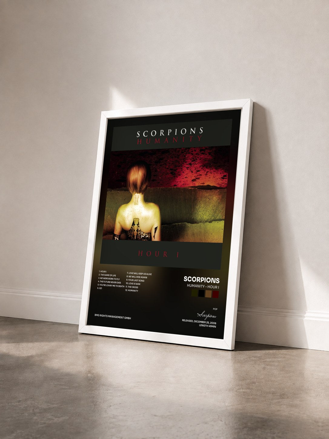 #blanc Tableau de l'album Humanity - Hour I de Scorpions vu de trois quarts, cadre blanc