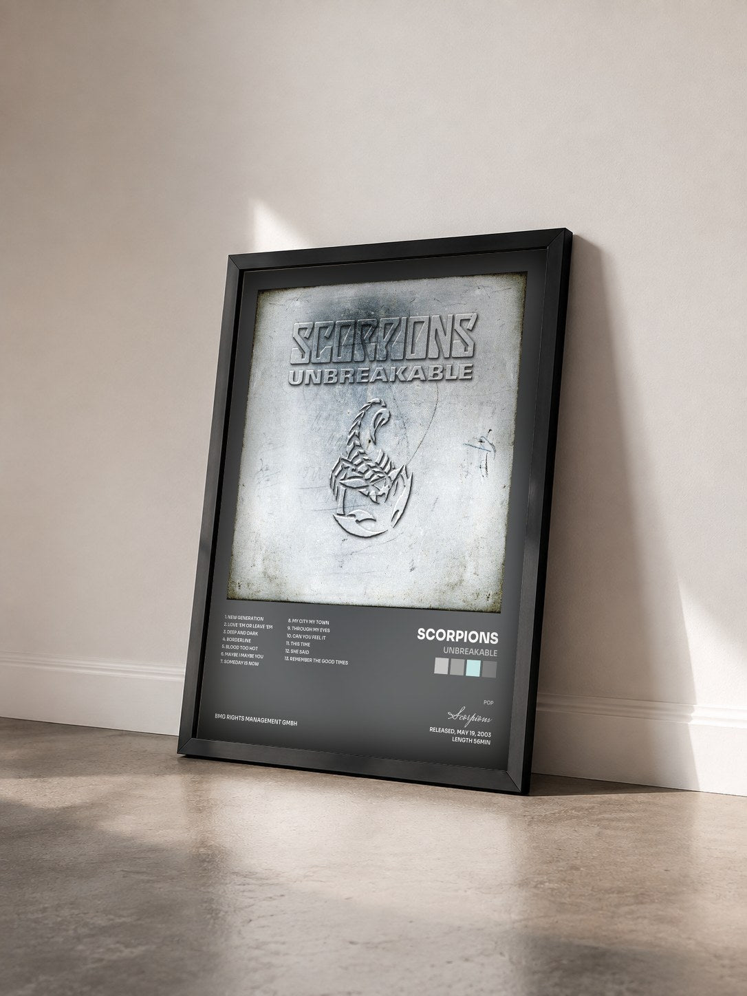 #noir Tableau de l'album Unbreakable de Scorpions vu de trois quarts, cadre noir