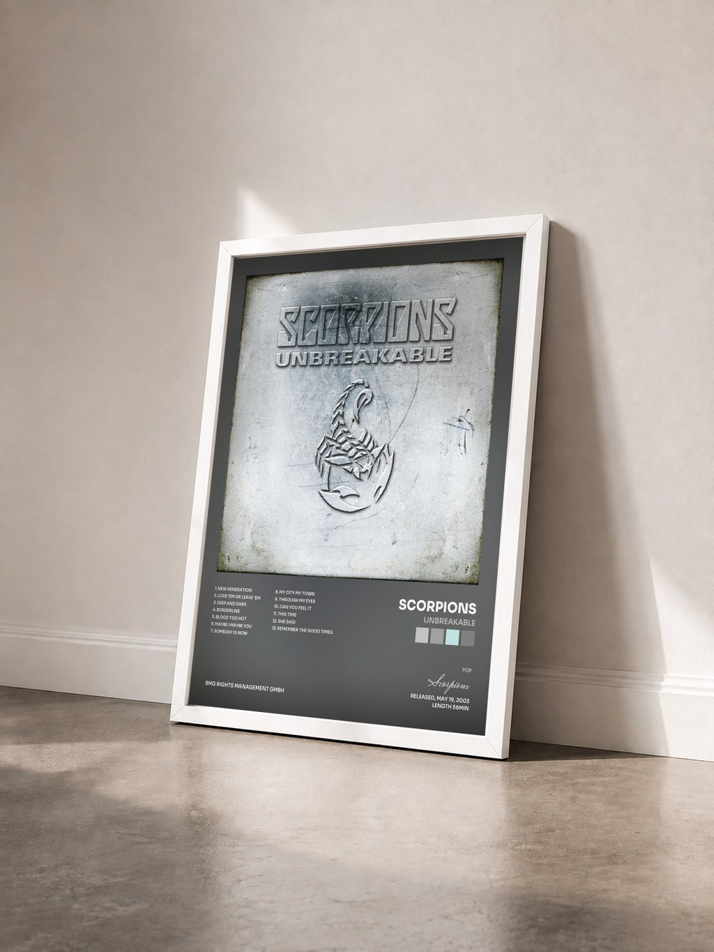 #blanc Tableau de l'album Unbreakable de Scorpions vu de trois quarts, cadre blanc