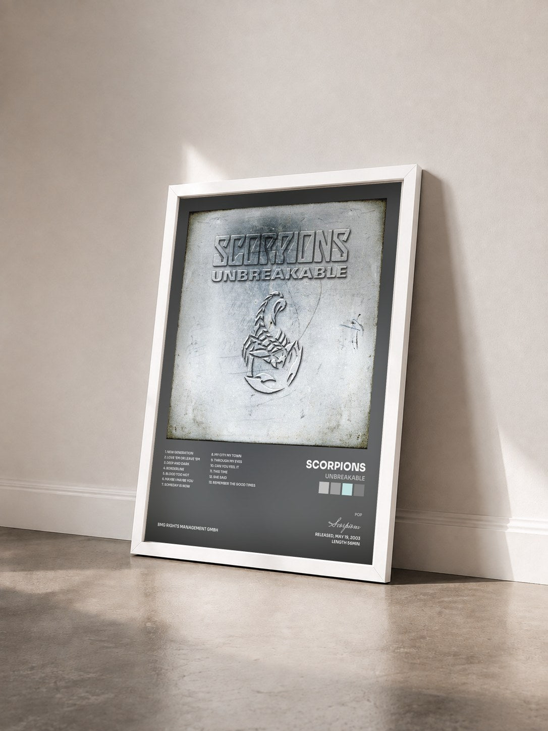 #blanc Tableau de l'album Unbreakable de Scorpions vu de trois quarts, cadre blanc