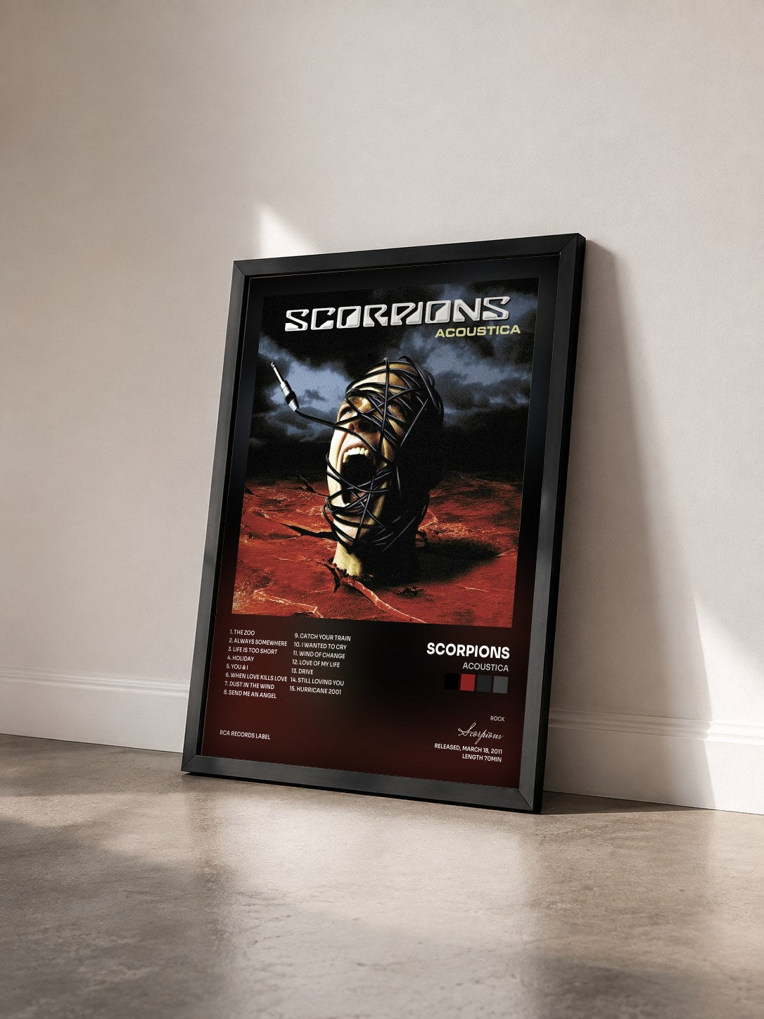 #noir Tableau de l'album Acoustica de Scorpions vu de trois quarts, cadre noir