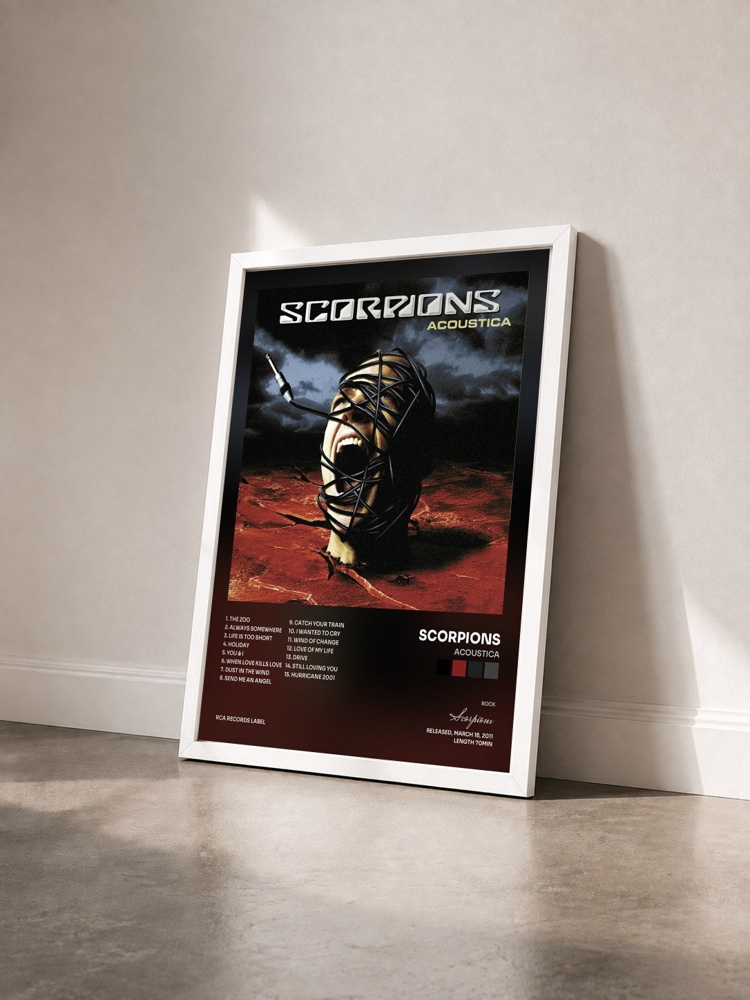#blanc Tableau de l'album Acoustica de Scorpions vu de trois quarts, cadre blanc