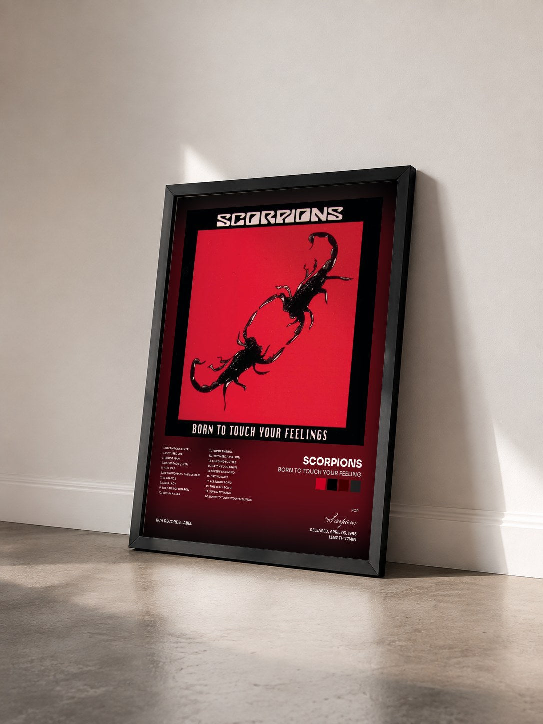 #noir Tableau de l'album Born To Touch Your Feeling de Scorpions vu de trois quarts, cadre noir