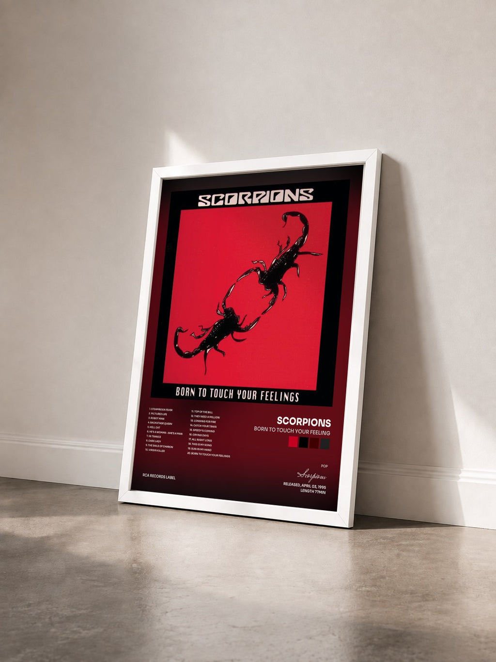 #blanc Born To Touch Your Feeling di Scorpions in stampa incorniciata vista di tre quarti, cornice bianca