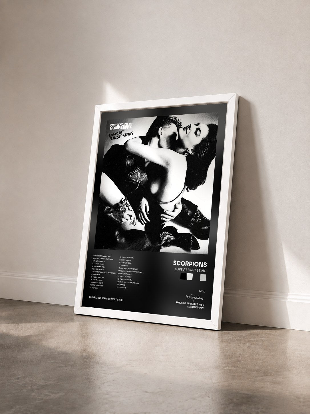 #blanc Tableau de l'album Love At First Sting de Scorpions vu de trois quarts, cadre blanc
