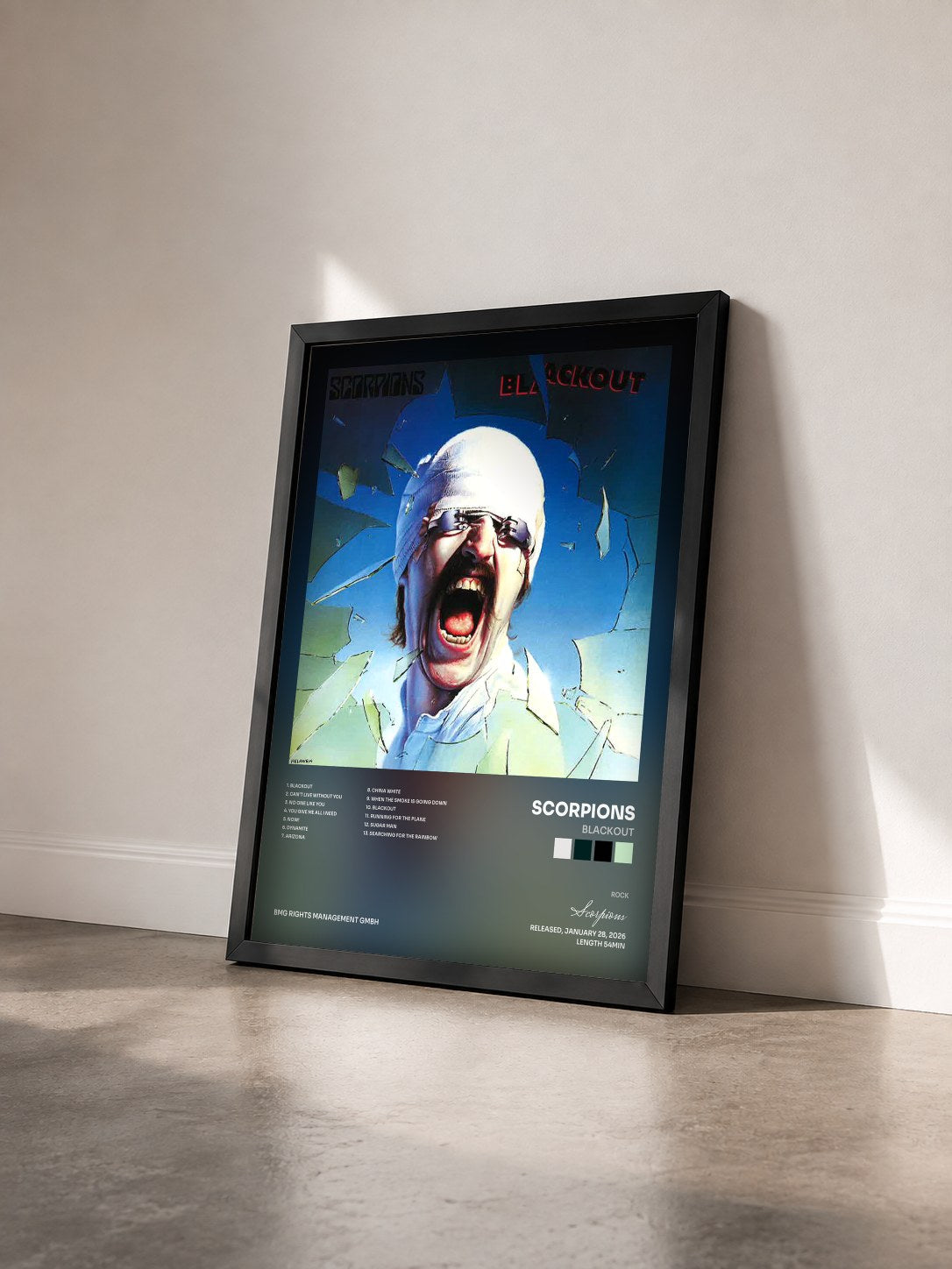 #noir Tableau de l'album Blackout de Scorpions vu de trois quarts, cadre noir