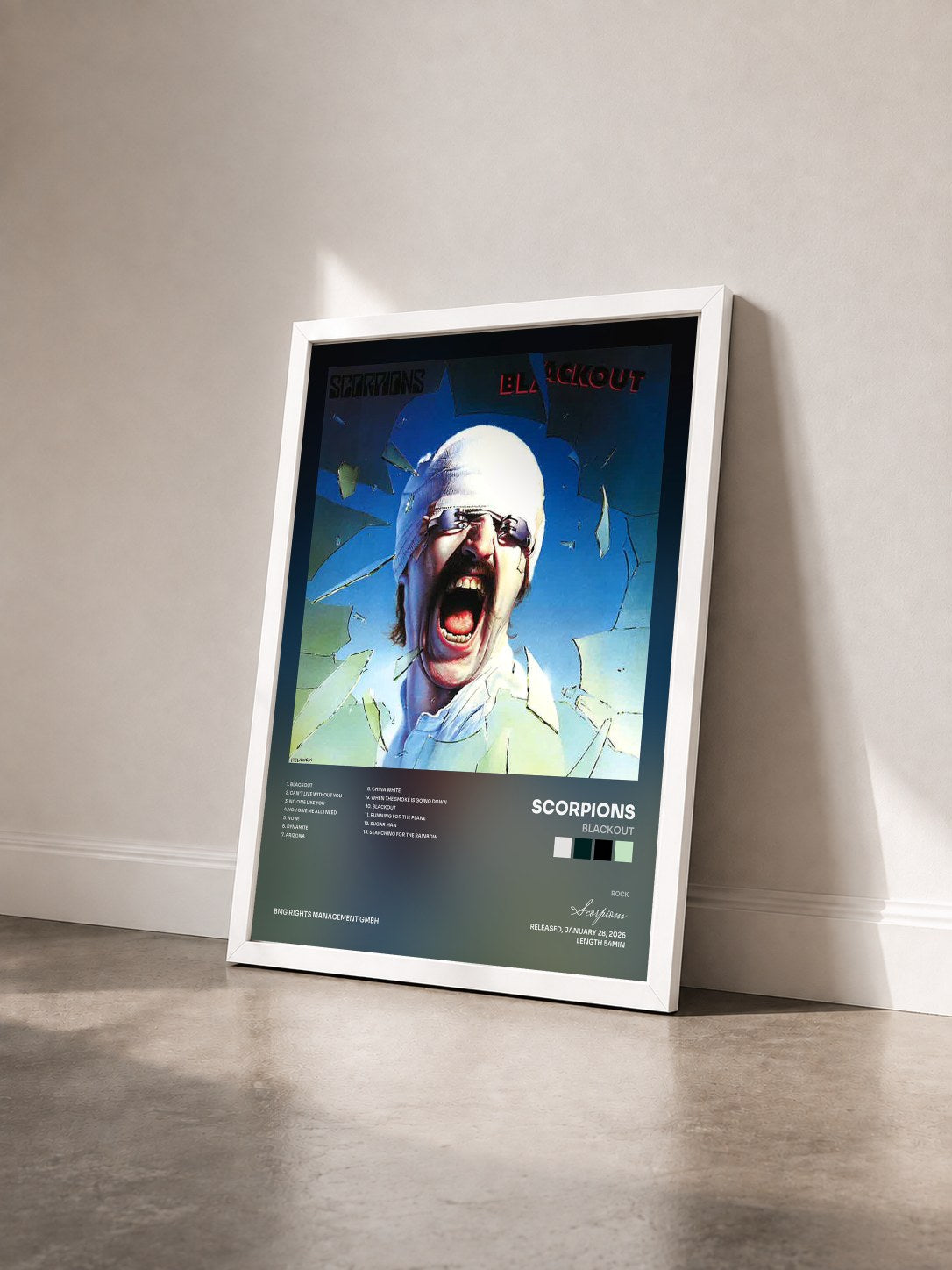 #blanc Tableau de l'album Blackout de Scorpions vu de trois quarts, cadre blanc